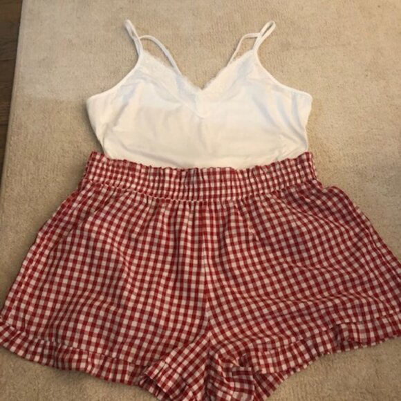 White Body Suit and Red Check Shorts Set - Picture 1 of 6